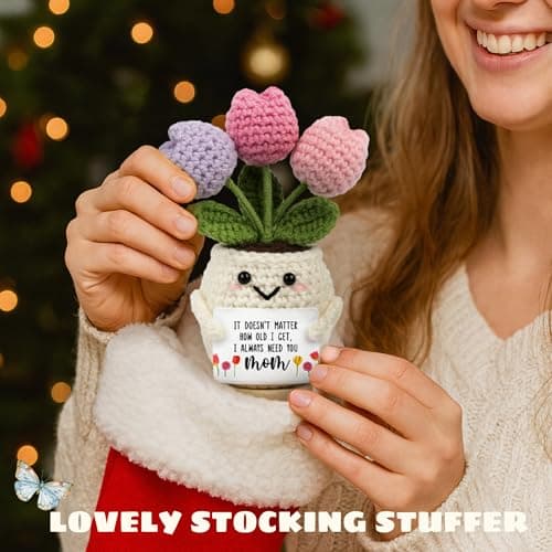 Gifts for Mom from Daughter Son - Cute Christmas, Mothers Day, Birthday Gifts for Moms - 5.51'' x 4.13'' Knitted Positive Tulip Flowers Mom Crochet Doll