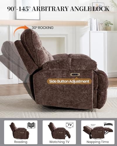 Oversized Power Swivel Rocker Recliner Chair for Big and Tall, Electric Chenille Glider with USB Ports, Extra Wide Overstuffed Reclining Sofa for Living Room Nursery, 375lbs (Brown, Power)