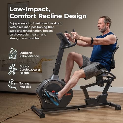 Sunny Health & Fitness Smart Heavy-Duty Recumbent Bike w/Wide Cushioned Seat & Back, Indoor Cycling Machine for Adult/Seniors Home Exercise, Free SunnyFit App Connect, Optional Workout Training Bands
