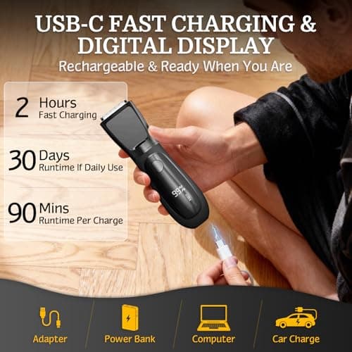 Bikini Trimmer for Women Men, 2 in 1 Electric Razors Shaver, IPX7 Waterproof Body Hair Trimmer with Mirror, LED Light & Display, Painless Pubic Hair Removal, Black