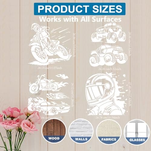 MAYJOYDIY 4Pcs Motorcycle Racing Stencil 11.8x11.8inches Reusable Racer Helmet Race Stencils Big Tires Off-Road Vehicle Drawing Templates Car Racing Flag Template for Painting on Wood Wall Decor