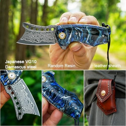 VNLA Handmade VG10 Damascus Steel Folding Pocket Knife - 2.2-Inch Blade, Liner Lock, One-of-a-Kind Random Resin Handle, Cowhide Sheath - Premium Men's EDC Gift for Outdoor Enthusiasts