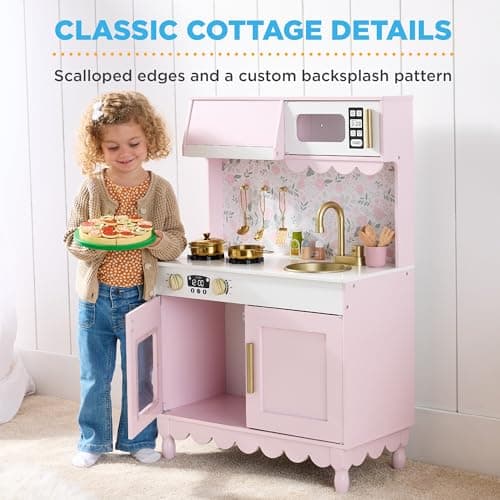 Best Choice Products Toddler Kitchen Playset, Wooden Cottage Kids Play Kitchen with 5 Accessories, Toy Storage, Scalloped Edge, and Pretend Play Microwave, Oven, Clicking Knobs - Pink