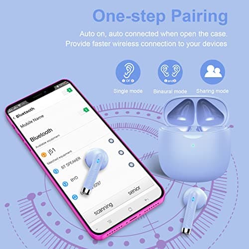 Jxrev Wireless Earbuds, Bluetooth 5.3 Headphones in Ear with Noise Cancelling Mic, Earbuds Stereo Bass, IP7 Waterproof Sports Earphones, 32H Playtime USB C Charging Ear Buds Purple for Android iOS