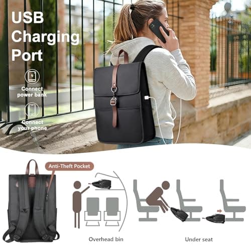 HEROIC KNIGHT Laptop Backpack for Men Women, Slim Work Travel Backpack with USB Charging Port, Lightweight Computer College Backpack Bag, Vintage Commuter Casual Daypack Fits 15.6 Inch Laptop,Black