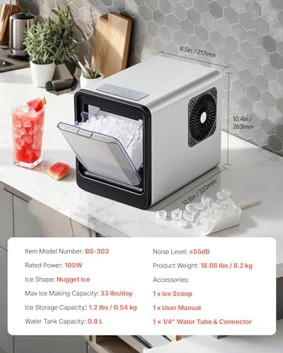 VEVOR Countertop Ice Maker, 33 lbs per Day, Self-Cleaning Portable Machine with Scoop, Drawer-Style Ice Access, Nugget Ice-Making Machine with Chewable ICES for Home, Kitchen, Office, Bar & Party