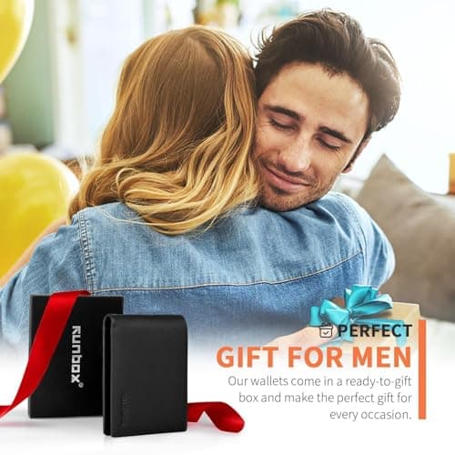RUNBOX Genuine Leather Wallet for Men 12 Cards Mens Wallet Bifold Rfid Blocking with 2 ID Windows Card Holder Wallet with Gift Box