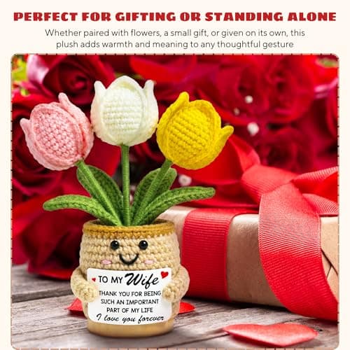 Christmas Mothers Day Birthday Gifts for Wife - 6.3'' x 2.56'' Positive Support Cotton Milk Wool Tulip Crochet Gifts for Wife from Husband - Wedding Anniversary Christmas Birthday Gifts B0FZTMTRK1