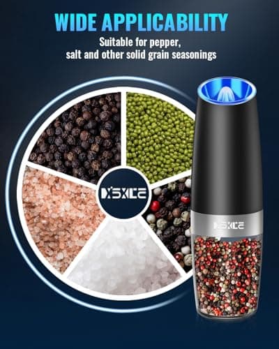 XinXu Gravity Electric Pepper and Salt Grinder Set, Adjustable Coarseness, Battery Powered with LED Light, One Hand Automatic Operation, 2 Pack/Black