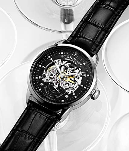 Stuhrling Original Mens Automatic Skeleton Watch - Black Leather Strap, Mechanical Silver Executive Watch
