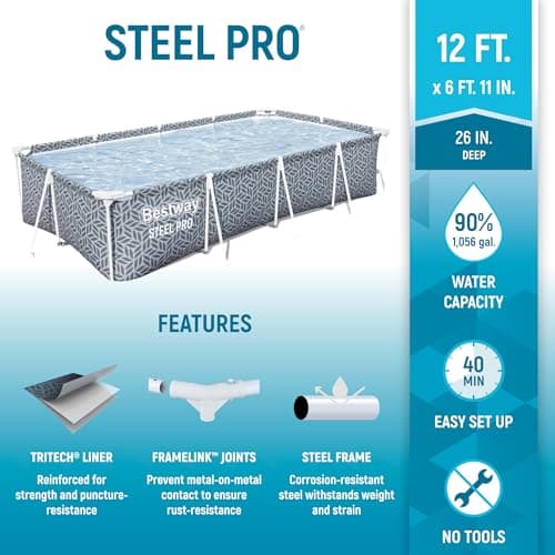 Bestway Steel Pro Rectangular Swimming Pool Above Ground Outdoor Backyard Framed Pool Set with 330 Gallon Filter Pump, 12' x 6' 7" x 26", Gray