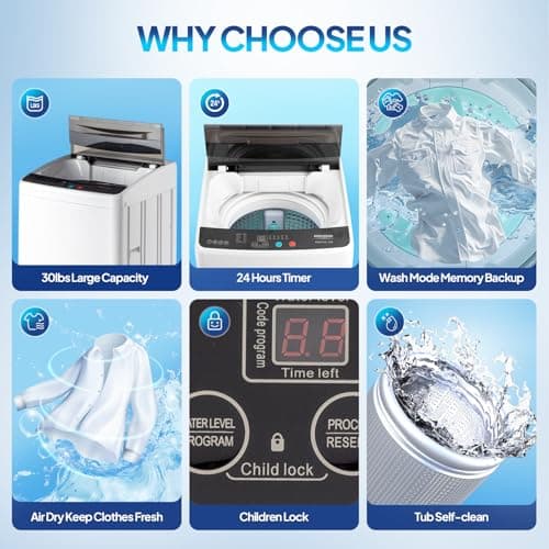 ROVSUN 30LBS Washing Machine, Full-Automatic Portable Washer with Stainless Steel Drum, Electric Laundry Machine, Washer and Spin Dryer Combo with Drain Pump for Home, Apartment