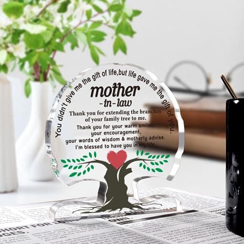 Gifts for Mother in Law from Daughter Son in Law, Thanks You Mom Best Mother in Law Ever Gift Desk Signs Home Decor Mother in Law Birthday Gifts Christmas Acrylic Tree Plaque B0CD7QK38F