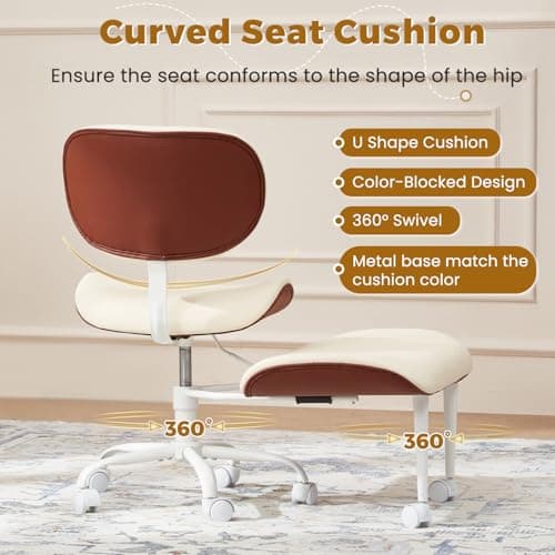 EROMMY ADHD Chair with Wheels Retractable footrest, Wide and Thickened Criss Cross Chair, Ergonomic Cross Legged Kneeling Desk Chairs for Meditation Yoga, Beige & Brown
