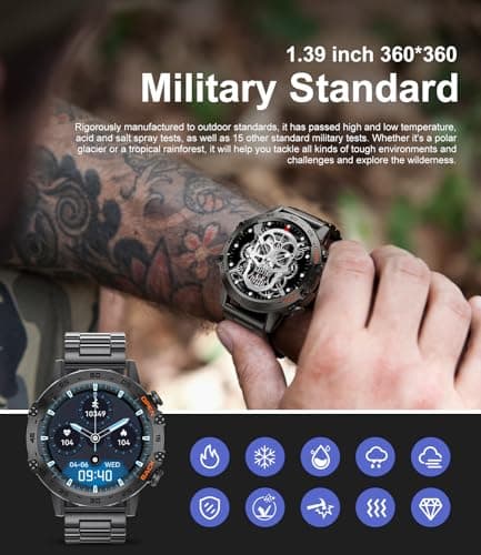 SUNKTA Military Smart Watch for Men(Answer/Dial Calls),100 Sports Modes, 5ATM Waterproof Fitness Watch with Heart Rate/SpO2/Blood Pressure for Android and iOS,1.39''HD DIY Screen Smartwatch Black