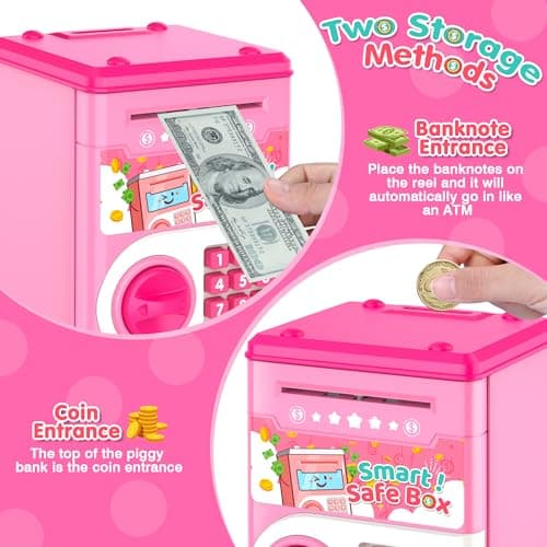 Pink Piggy Bank for Kids with Password Code Lock and Auto Grab Bill Slot, PhilaeEC Real Money Cash Coin Can Saving Box Electronic Money Safe Bank, Hot Gift for 4 7 8 9 10 11 Year Old Boys Girls