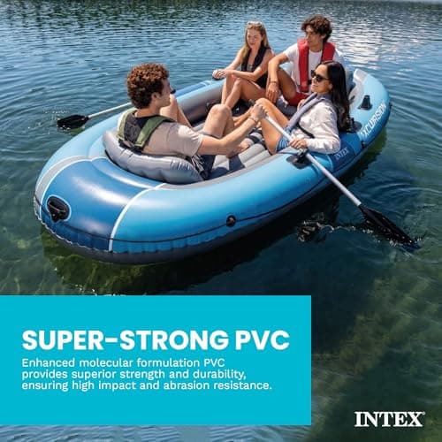 INTEX 66324EP Excursion 4 Inflatable Boat Set: Includes Deluxe 54in Aluminum Oars and High-Output Pump – Adjustable Seats with Backrest – Fishing Rod Holders – 4-Person – 1100lb Weight Capacity