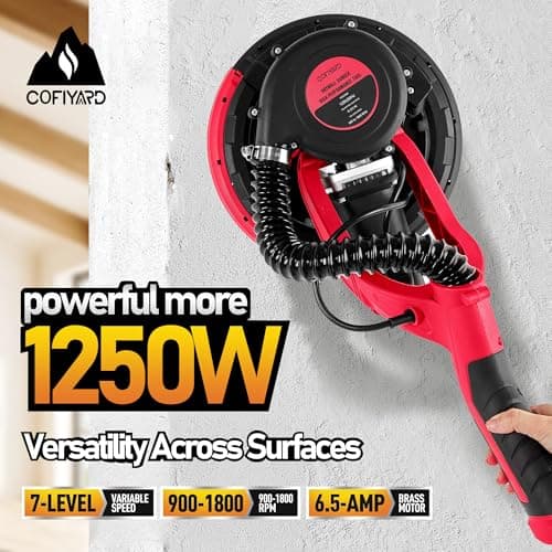 Cofiyard Drywall Sander with Vacuum Dust Collector,1250W Electric Drywall Sander ,7 Variable Speed LED Light 900-1800RPM,Foldable & Extendable Handle Ceiling Popcorn Removal Tool