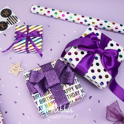 Ribbli Birthday Wrapping Paper Iridescent Gift Wrapping Paper Mini Roll, 3 Rolls Happy Birthday Polka Dots Stripes Printed Assortment - 17 inch x 120 inch(10feet) Per Roll B0CBRVLFSY