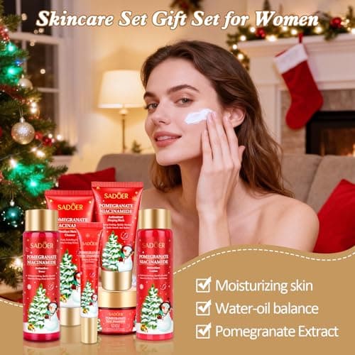 Christmas Gifts 6 Pcs Skin Care Set Pomegranate Moisturize Soothe Hydrate Gifts for Teenage Girls Stocking Stuffers Christmas Gifts for Women-Cleanser,Toner,Lotion,Face Cream,Eye Cream,Sleep Mask