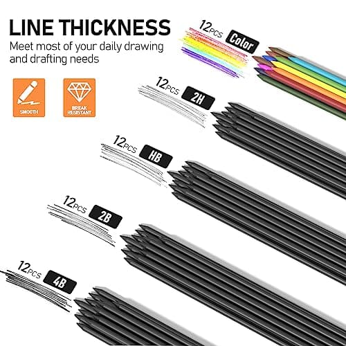 Four Candies 2MM Mechanical Pencil Set with case, Artist Led Pencil Metal Lead Holder with 60PCS Graphite Lead Refill (HB, 2H, 2B, 4B, Color) Kneaded Eraser, Sharpener for Writing, Drawing, Sketching