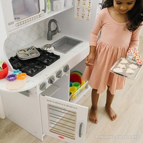 Melissa & Doug Wooden Chef’s Pretend Play Toy Kitchen with “Ice” Cube Dispenser – Cloud White, Kids Kitchen Play Set, for Toddlers and Kids Ages 3+ - FSC Certified