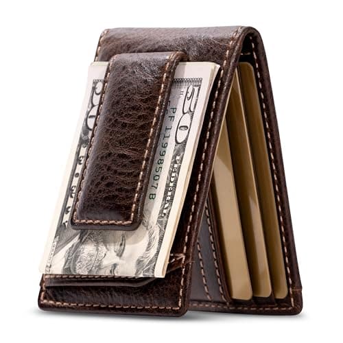 House of Jack Co. Ivor Bifold Money Clip Wallet for Men, Slim Front Pocket Wallet with Strong Magnetic Clip, Exterior ID Window, Full Grain Cowhide, Brown