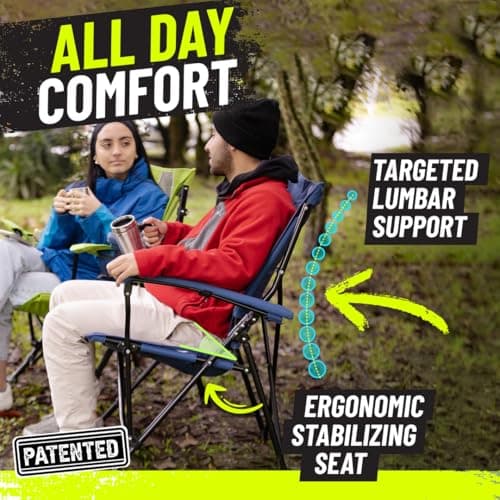 STRONGBACK Elite Folding Camping Lawn Lounge Chair Heavy Duty Camp Outdoor Seat with Lumbar Support and Portable Carry Bag - Black/Grey