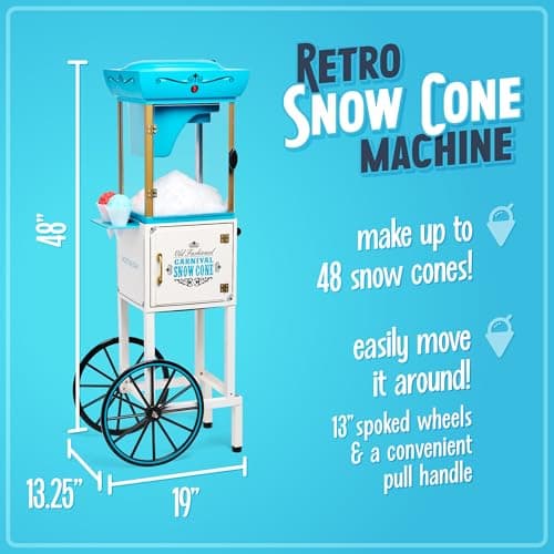Nostalgia Snow Cone Shaved Ice Machine - Retro Cart Slushie Machine Makes 48 Icy Treats - Includes Metal Scoop, Storage Compartment, Wheels for Easy Mobility - White, Blue
