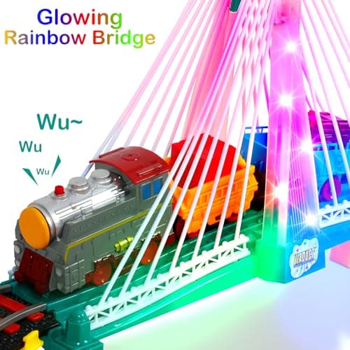 Electric Train Set for Kids Ages 4-8 with Train Tracks Set & Car Tracks Lights Up Bridge Road Sign Realistic Sound Train Track Accessories Playset Boy Toys Birthday 4 5 6 7 8+ Year Old