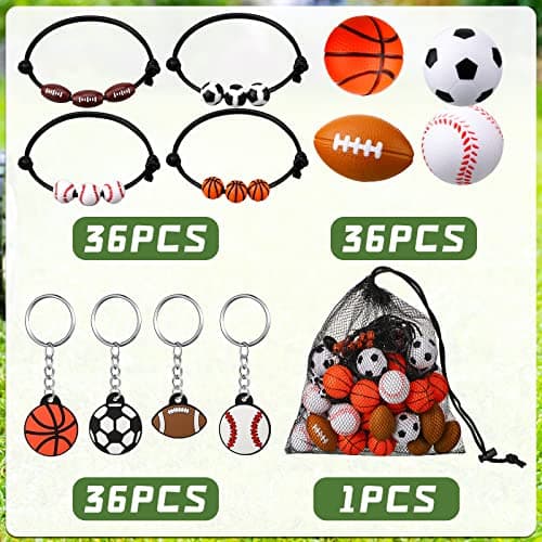 Nosiny Sportball Party Favors - 108 Pcs Bulk Set Including 36 Keychains, 36 Stress Balls & 36 Charm Bracelets for Team Birthday Parties