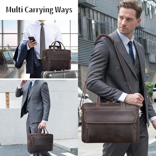 Masa Kawa Leather Briefcase for Men 15.6", 17" Laptop Computer Case Business Travel Work Messenger Cross Body Shoulder Bag