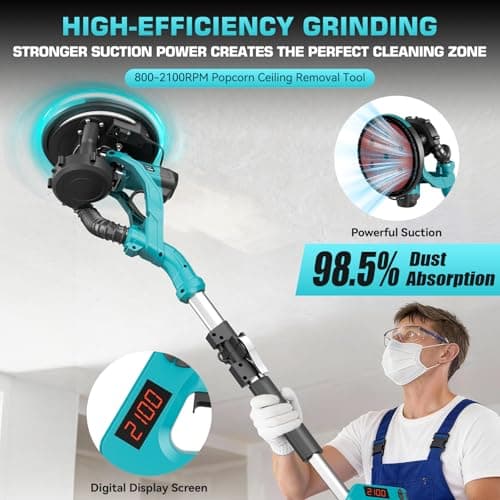 Drywall Sander with Vacuum Dust Collector, 1000W Popcorn Ceiling Removal Tool, Electric Drywall Sander with Digital Display Screen 9 Variable Speed 800-2100RPM, Foldable & Extendable Handle