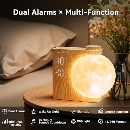 Sunrise Alarm Clocks for Heavy Sleepers,Night Lamp Clocks for Bedrooms with Moon Light,10 Light Effects,30/60/90 Timer,10 Sleep Nature Sounds,15 Ringtones,12 Volume Control with Snooze Function
