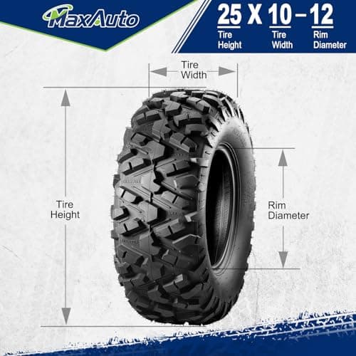 MaxAuto Set of 4 AT25x8-12 & AT25x10-12 ATV UTV Mud Sand Tires,25x8x12 Front & 25x10x12 Rear All-Terrain Off-Road Tires,6 PR, Tubeless,4 Pack in 2 Packages