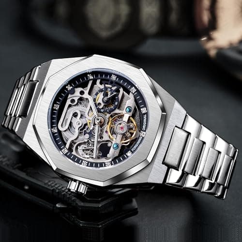FORSINING Vintage Watch for Men Engraved Automatic Self-Wind Mechanical Big Dial Luminous Moon Phase Golden Hollow Tattoo Pattern Wrist Watches, Mechanical