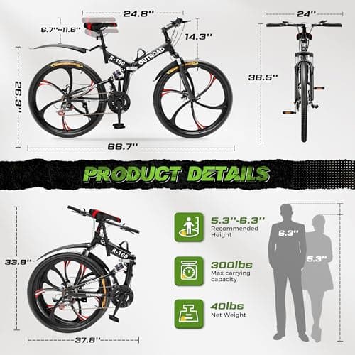 Outroad 26 Inch Folding Mountain Bike, 21 Speed Full Suspension High-Carbon Steel MTB Foldable Bicycle, Dual Disc Brake Non-Slip Folding Bikes for Adults/Men/Women, Black, Orange and Green