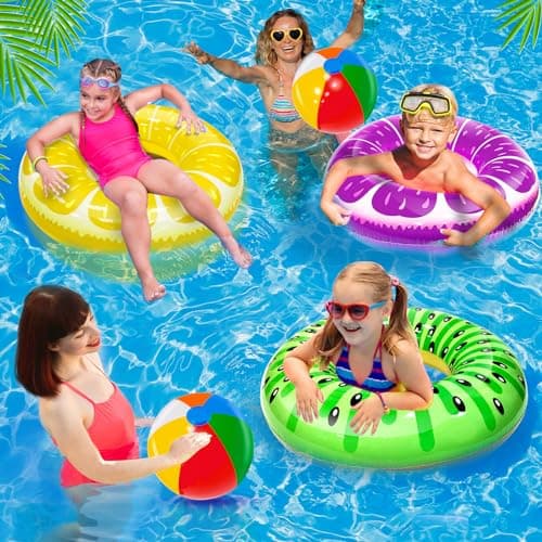 6 Pack Pool Floats Kids, 3 Pcs Inflatable Fruits Swim Tubes Rings & 3 Pcs Rainbow Beach Ball Bulk, Summer Pool Floaties for Kids Adults Swimming Float Toy Hawaiian Party Beach Water Fun Game