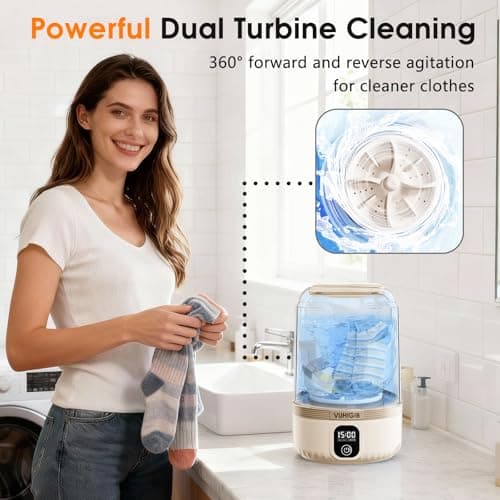 Portable Washing Machine, 7000mAh Rechargeable Wireless Washer with 10 PCS Clothespins Deep Cleans Baby Clothes Underwear Socks Delicates 1.5L Mini Washer for Travel Camping Dorm RV Apartment (Khaki)