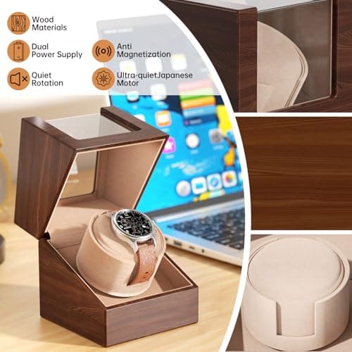Racokky Racokky Automatic Single Watch Winder Box for Rolex and Other Watches, Ultra Quiet Japanese Motor, Self Winding Rotating Wooden Watch Case, Battery or Type-C Powered, Premium Watch Box for Men and Women