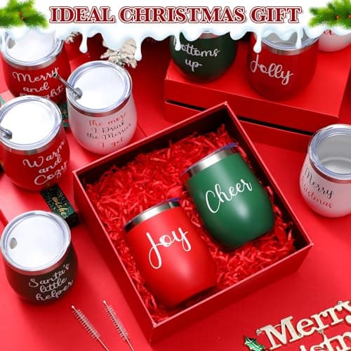 12 Pcs Christmas Wine Tumbler Set, 12 Oz Stainless Steel Double Wall Vacuum Insulated Coffee Mug Stemless Xmas Wine Glasses With Lid Straw Brushes for Women Friends Men Travel Gifts (Texts)