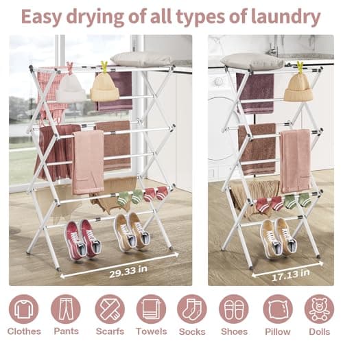 APEXCHASER Clothes Drying Rack Folding - 3 Tier Laundry Drying Rack for Clothes, Expandable Metal Clothing Dryer, Collapsible Towel Rack, Air Drying Rack, White
