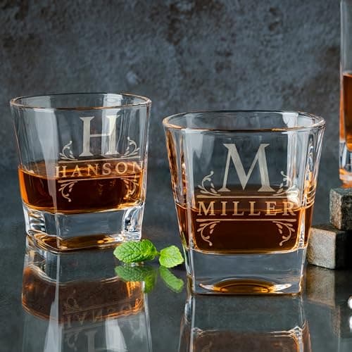 Amazing Items Set of 4 - Personalized Whiskey Glasses w/Name & Initial - 9 Designs - 9 oz, Limited Edition Monogrammed Rocks Glasses for Men, Dad Gifts