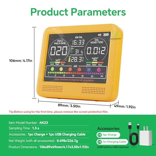 16-in-1 Indoor Air Quality Monitor with PM1.0,PM2.5,PM10,CO2,HCHO,TVOC,Temperature,Humidity,Time Display &7 AQI Alarms – Professional Air Quality Tester for Home, Office & Indoor Use