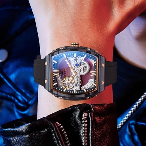 OLEVS Watch for Men Skeleton Automatic Tonneau Silicone Strap Business Luxury Waterproof Luminous Mechanical Men Wrist Watch