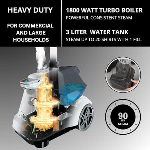 SALAV Heavy Duty Commercial Full-Size Garment Steamer with Foot Pedals and Extra Large 3L (101.5 oz) Water Tank, 1800 watts, 90+min of Continuous Steam (White)