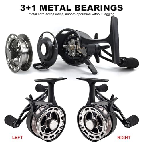 FREE FISHER Ice Fishing Reels 3.2:1 Gear Ratio Ultra Smooth 3+1Ball Bearings Strength CNC-machined Aluminum Inline Ice Fishing Reel with Left/Right Hand Retrieve
