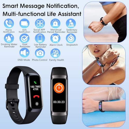 Fitness Tracker, 24/7 Heart Rate Blood Oxygen Blood Pressure Body Temp Monitor Sleep Calorie Tracker with 1.1" AMOLED Touch Color Screen Pedometer Smart Watch Waterproof for Women Men