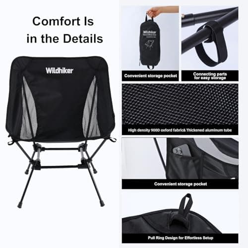 Wildhiker Lightweight Camping Chair – Folding Portable Chair for Adults, 2.16 lbs with Square Base and Carry Bag for Travel, Fishing, Motorcycle, Festival– Black