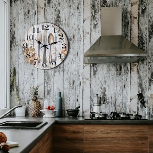 Keepcross Kitchen Wall Clock Fork & Spoon Cutlery Theme Rustic Modern Farmhouse Decor Glass Clock for Kitchen, Dining Room - 8 Inch, Battery Operated